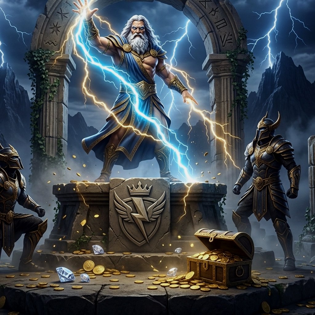 Ilustrasi gerbang Olympus dan koin hadiah untuk panduan istilah dasar 777W Gates of Olympus